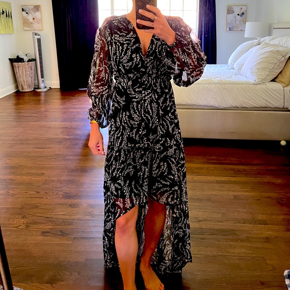 Never worn High-low long sleeve black dress with floral detail
